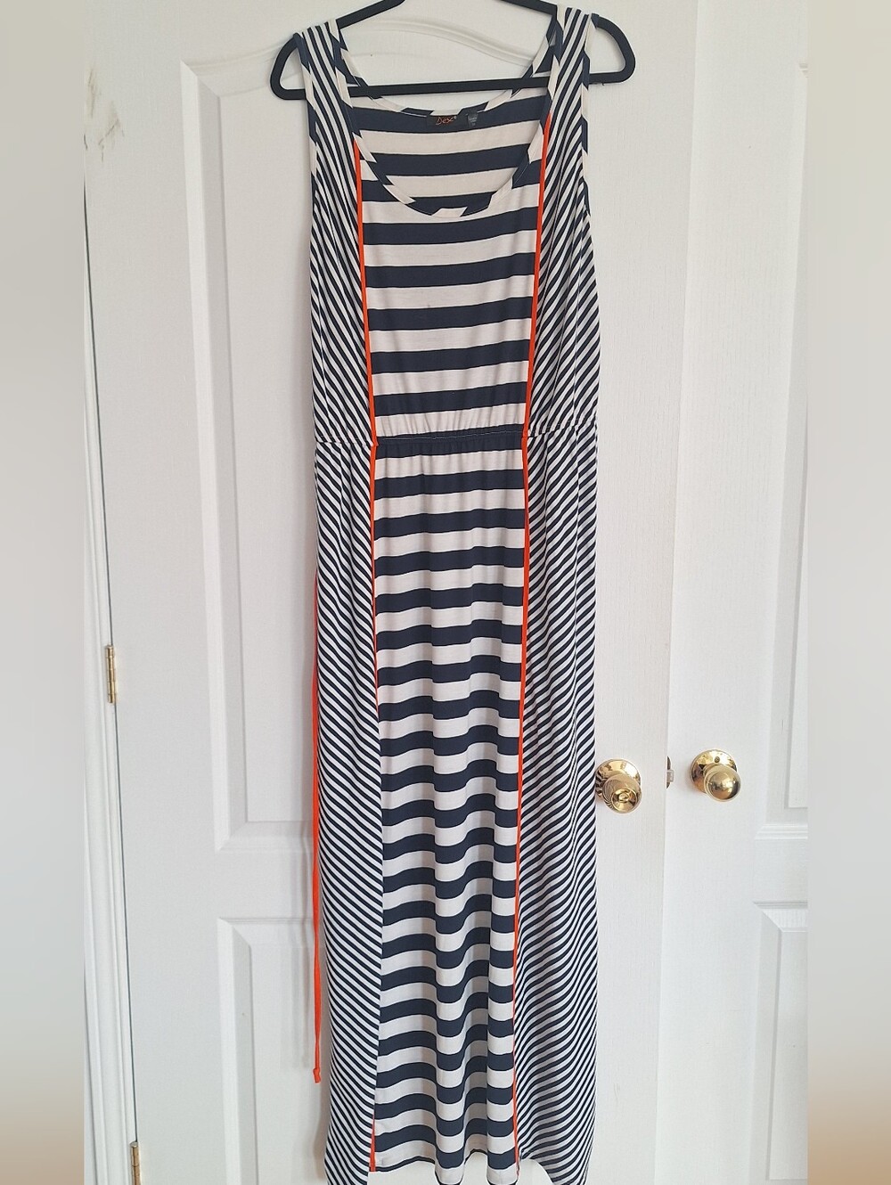 Dex Navy & White Striped Maxi Dress with Orange Trim
